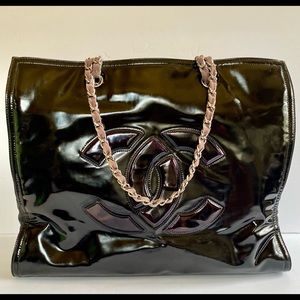 Chanel Black Patent Leather Lambskin Lipstick Tote Silver Chain Shoulder Strap